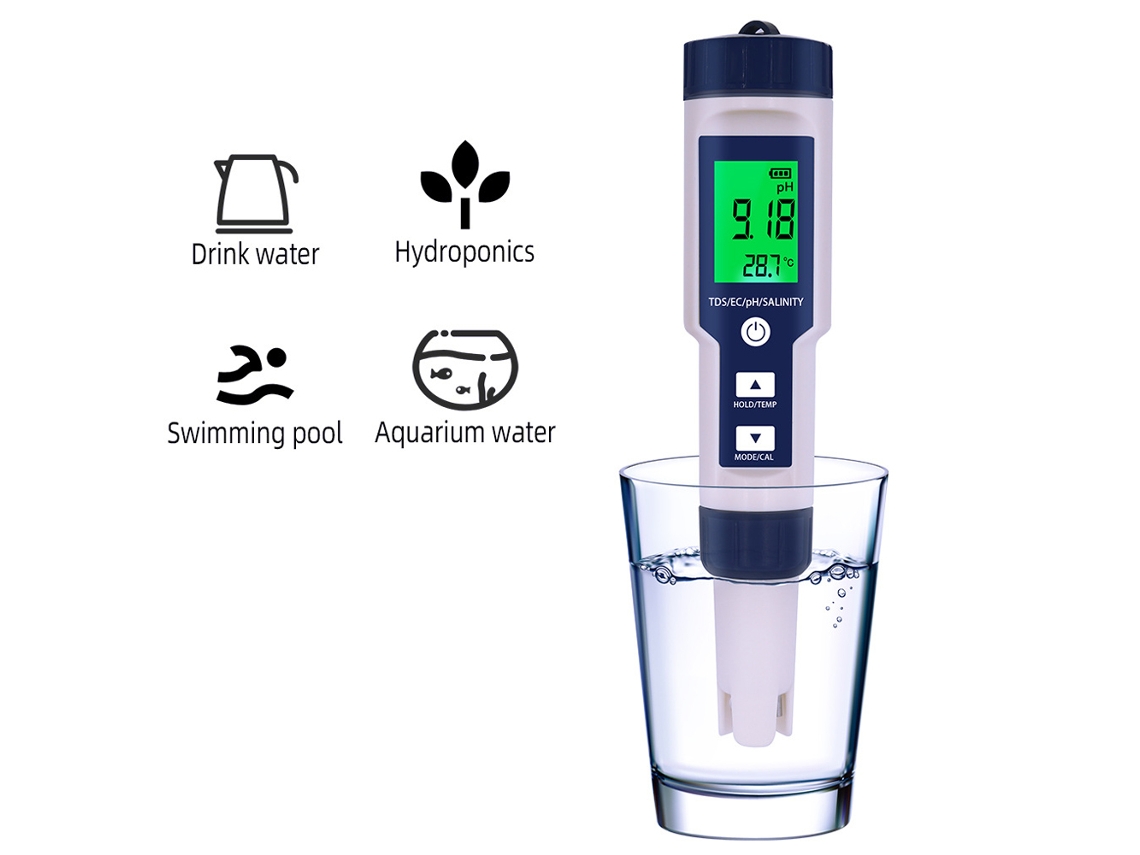 Analizador Digital De Calidad Del Agua 5 En 1: Ph/tds/ec/temperatura/salinidad, Ip67 Con Retroiluminación.