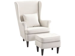 Sillón con reposapiés, sillón de lectura con respaldo alto, tapicería capitoné y patas de madera, 75x83x104 cm, beige.