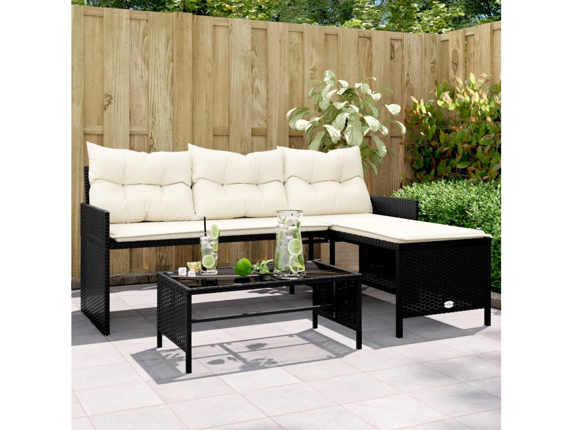 Sofá De Jardín | Sofá De Exterior En Forma De L Con Mesa Y Cojines Ratán Pe Negro Wsd711205