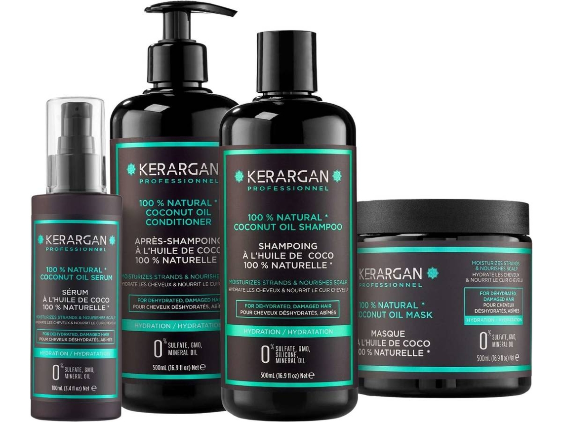 Set Hidratante Champú, Acondicionador, Mascarilla y Sérum con Aceite de Coco KERARGAN (3x500 ml + 100 ml)