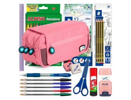 COLEPACK Bitsbobs Estuche Triple de 3 Cremalleras Con Material Escolar Incluido Rosa Claro