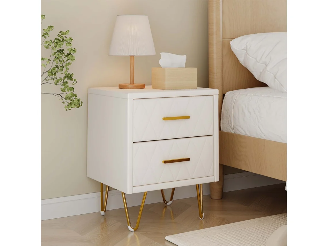 Mesita de noche con 2 cajones, juego de 2 mesitas de noche modernas de estilo bohemio para dormitorio y sala de estar, beige y dorado, piel sintética Rosahqnda