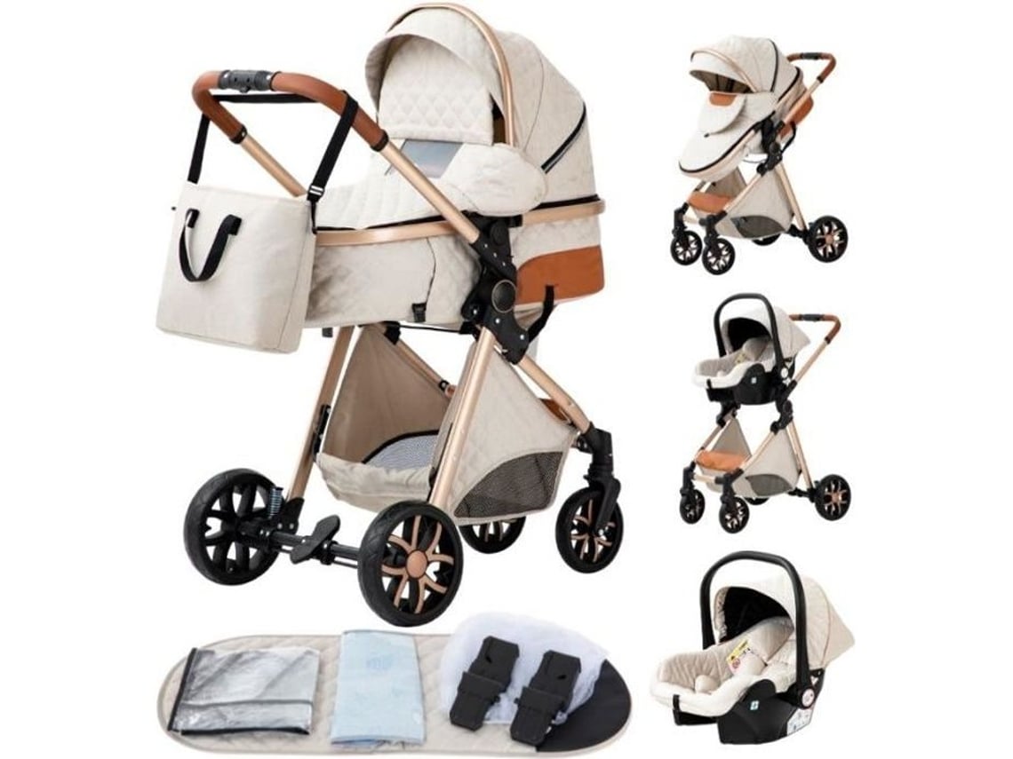 Cochecito 3 en 1 Combo Cochecito de Bebé Capazo Trio Asiento de Auto Ajustable Reversible Ruedas Irrompibles de Alta Calidad Blanco Yazoco
