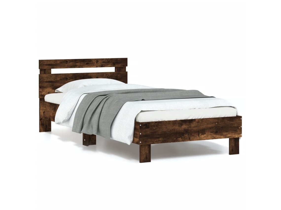 Estructura De Cama Cabecero Luces Led Roble Ahumado 90x200 Cm