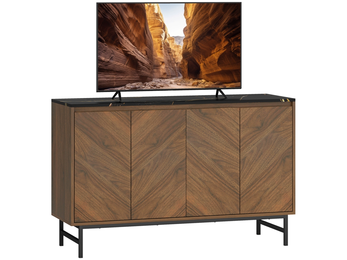 Mueble Para Tv, Armario Para Tv Con 4 Puertas, Tapa Efecto Mármol, Estantes Ajustables, 120x39x76cm, Nogal