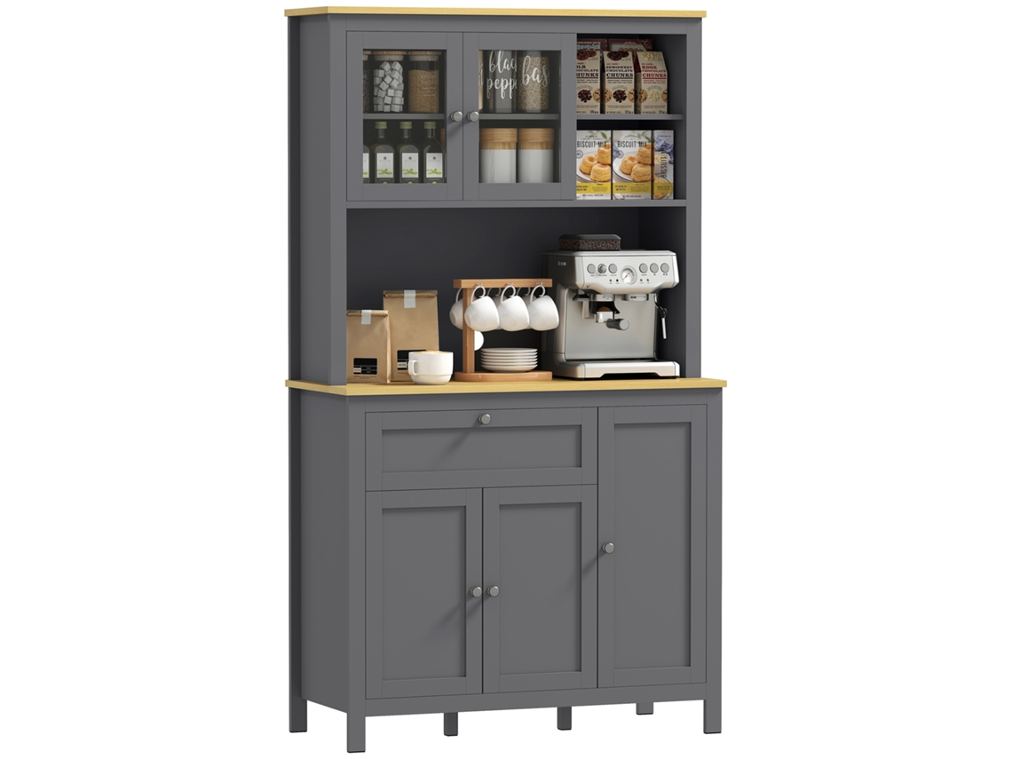 Armário de Cozinha com Portas de Vidro, 4 Portas, Fechamento Suave, Prateleiras Ajustáveis, 90x35x172 Cm, Cinza Claro ZENCORE SERVICES
