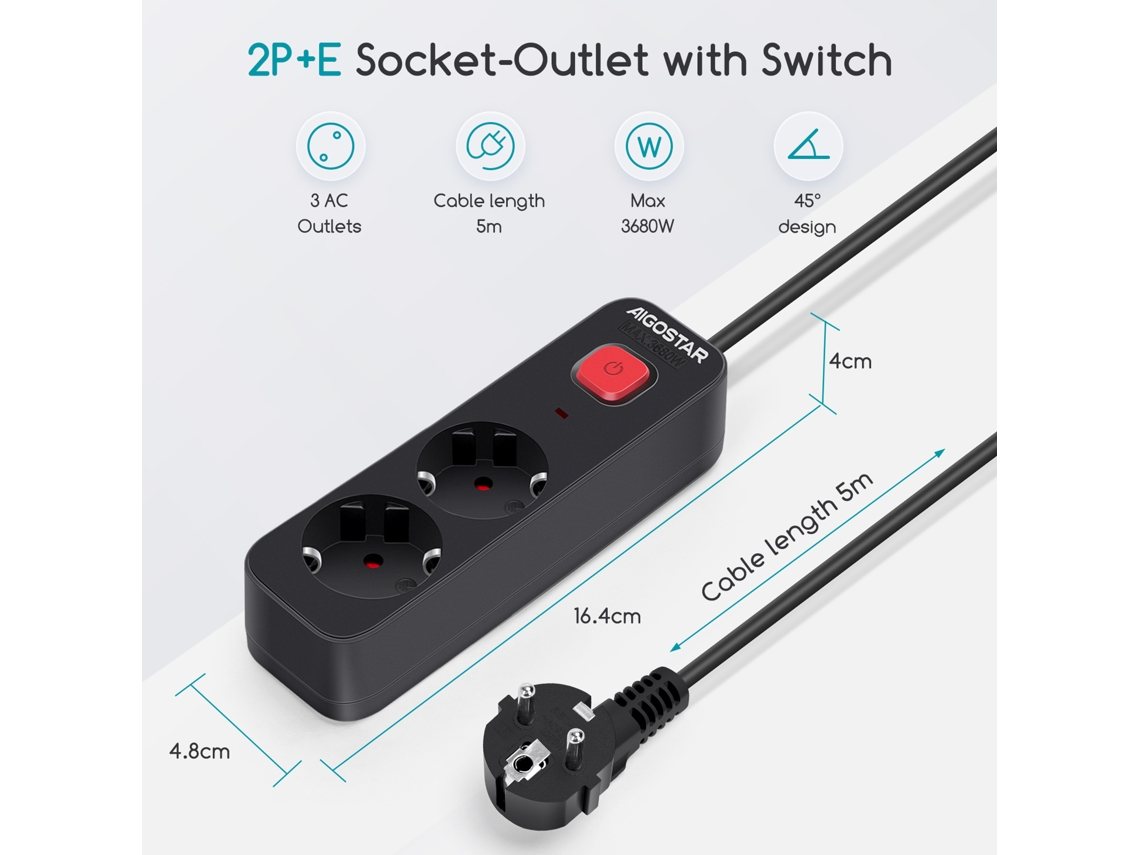 Aigostar Regleta de Enchufes, Alargador con 2 Tomas con Interruptor, Cable de 5 Metros, Negro.