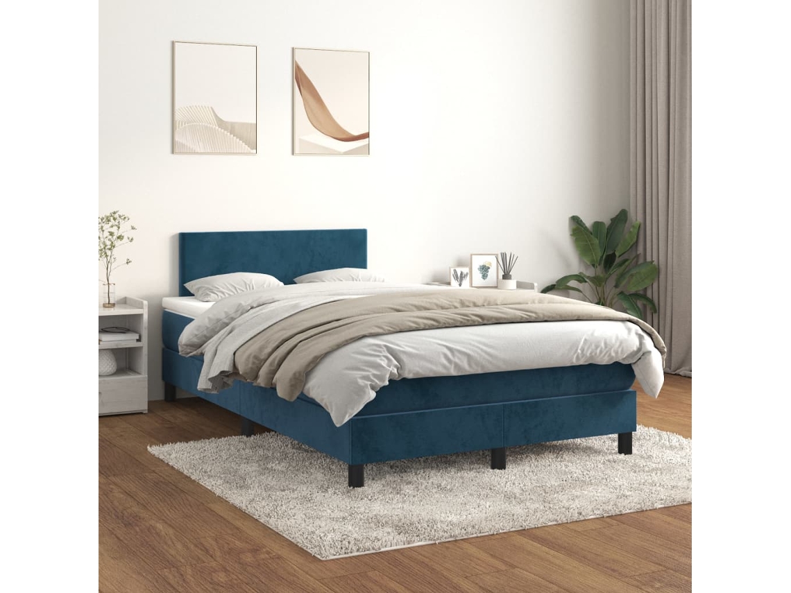 Cama Box Spring Con Colchón Terciopelo Azul Oscuro 120x200 Cm