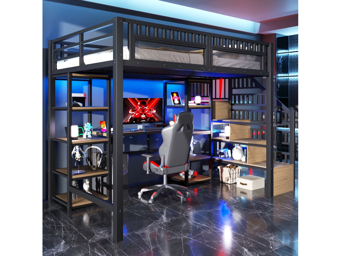 Cama Alta 140x200 Cm Em Ferro Com Arrumação, Escada, Secretária, Led E Usb, Preta (sem Colchão)