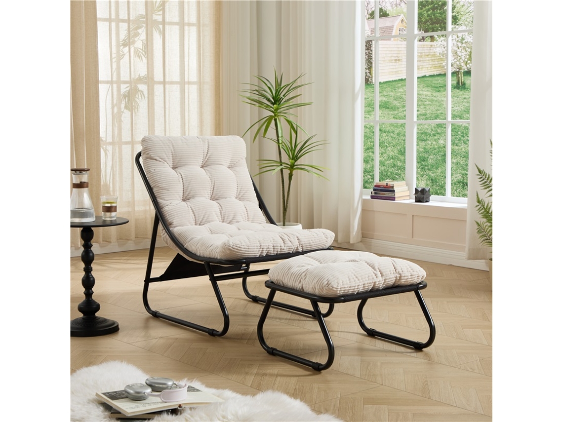 Sillón De Jardín Con Reposapiés, Reclinable, Cojín Negro, Taburete Blanco.