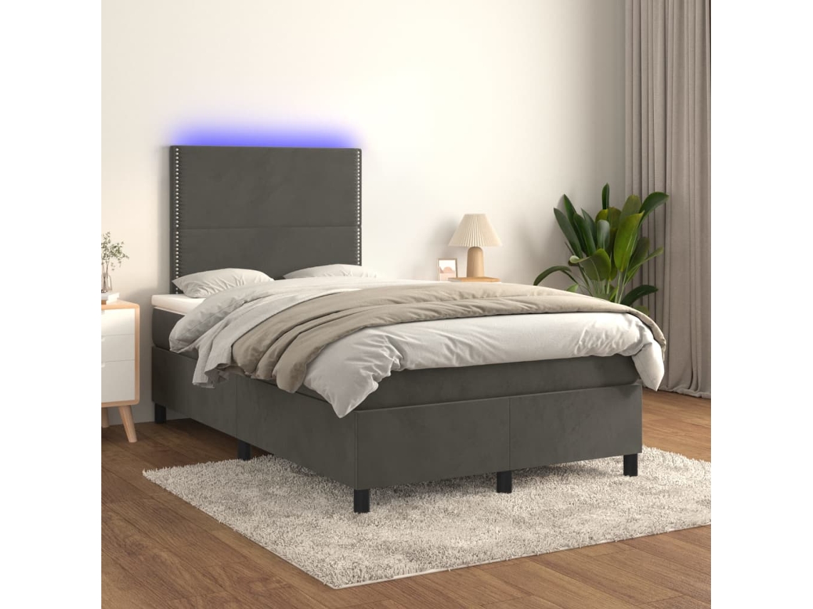 Cama Box Spring Colchón Y Led Terciopelo Gris Oscuro 120x200 Cm