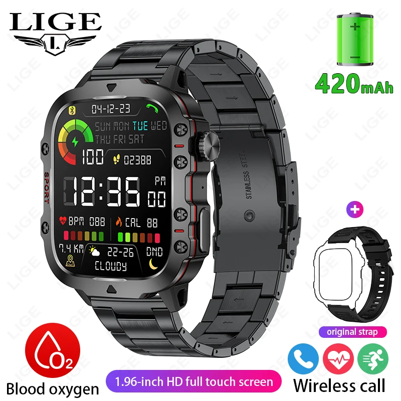 Reloj inteligente (negro, brazalete de acero), resistente, con Bluetooth para llamadas, resistente al agua IP68 y monitorización de frecuencia cardíaca para deportes.