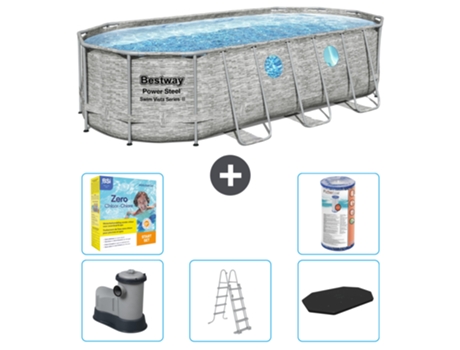 Piscina BESTWAY Oval Power Steel Swim Vista - Estampado Piedra - 549 x 274 x 122 - Incluye Bomba - Escalera - Cobertor Accesorios CB33