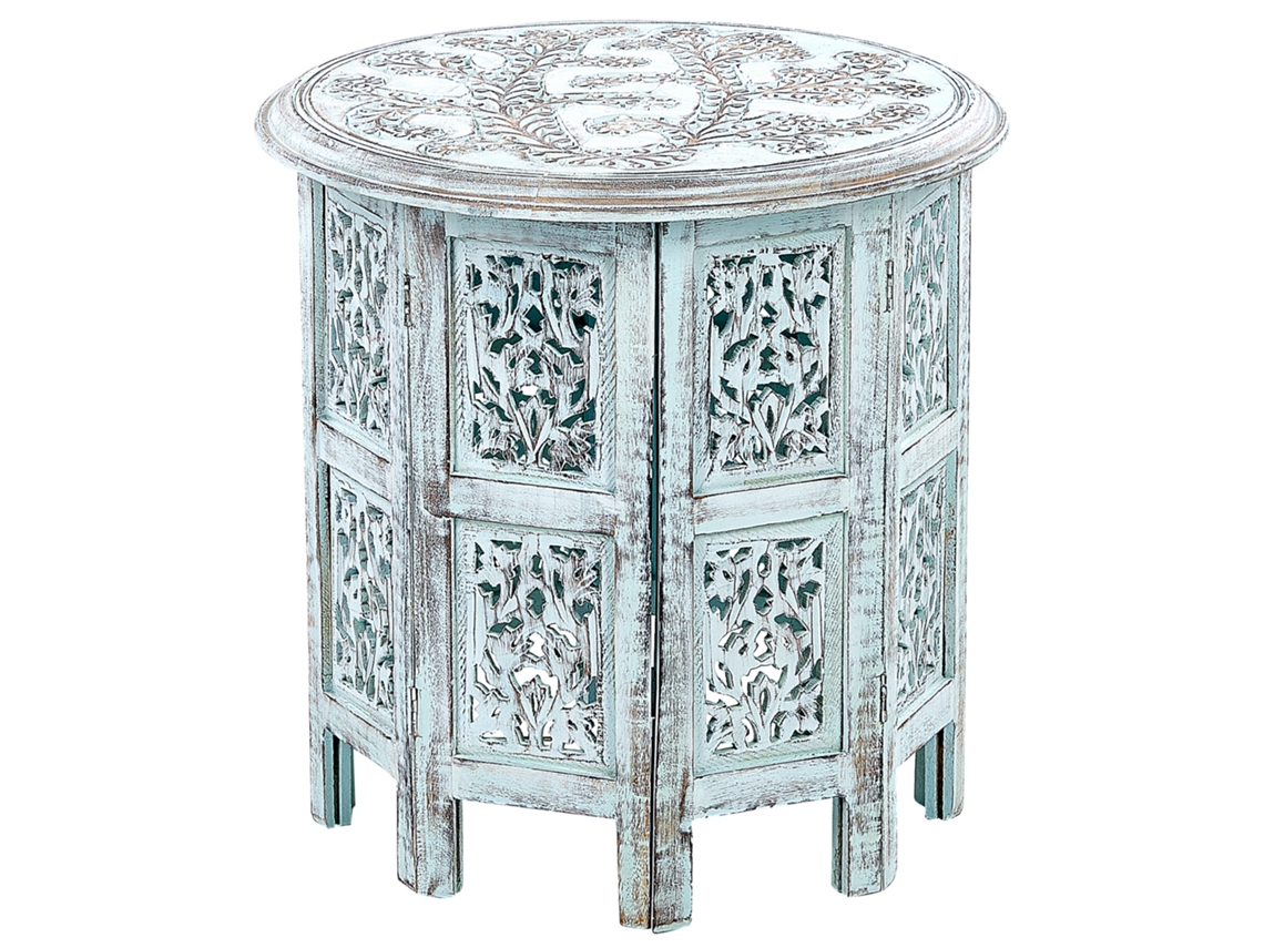 Mesa de centro de diseño tradicional BELIANI Borai de Madera de mango Azul 45x45x46