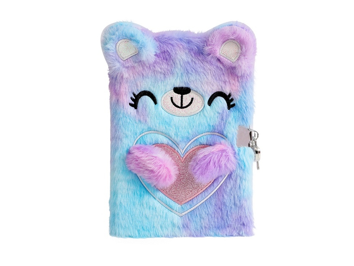 Cuaderno de peluche infantil MDUG con cierre de oso de dibujos animados, tamaño A5, set de regalo (morado)