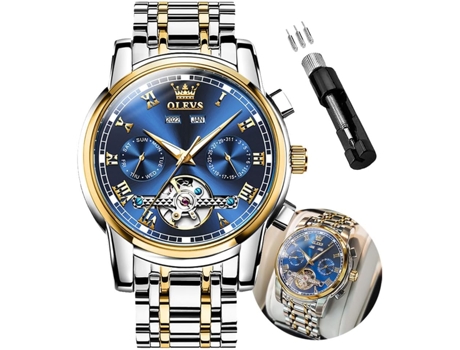 VEANXIN Reloj mecánico automático de acero inoxidable para hombre(oro plateado)