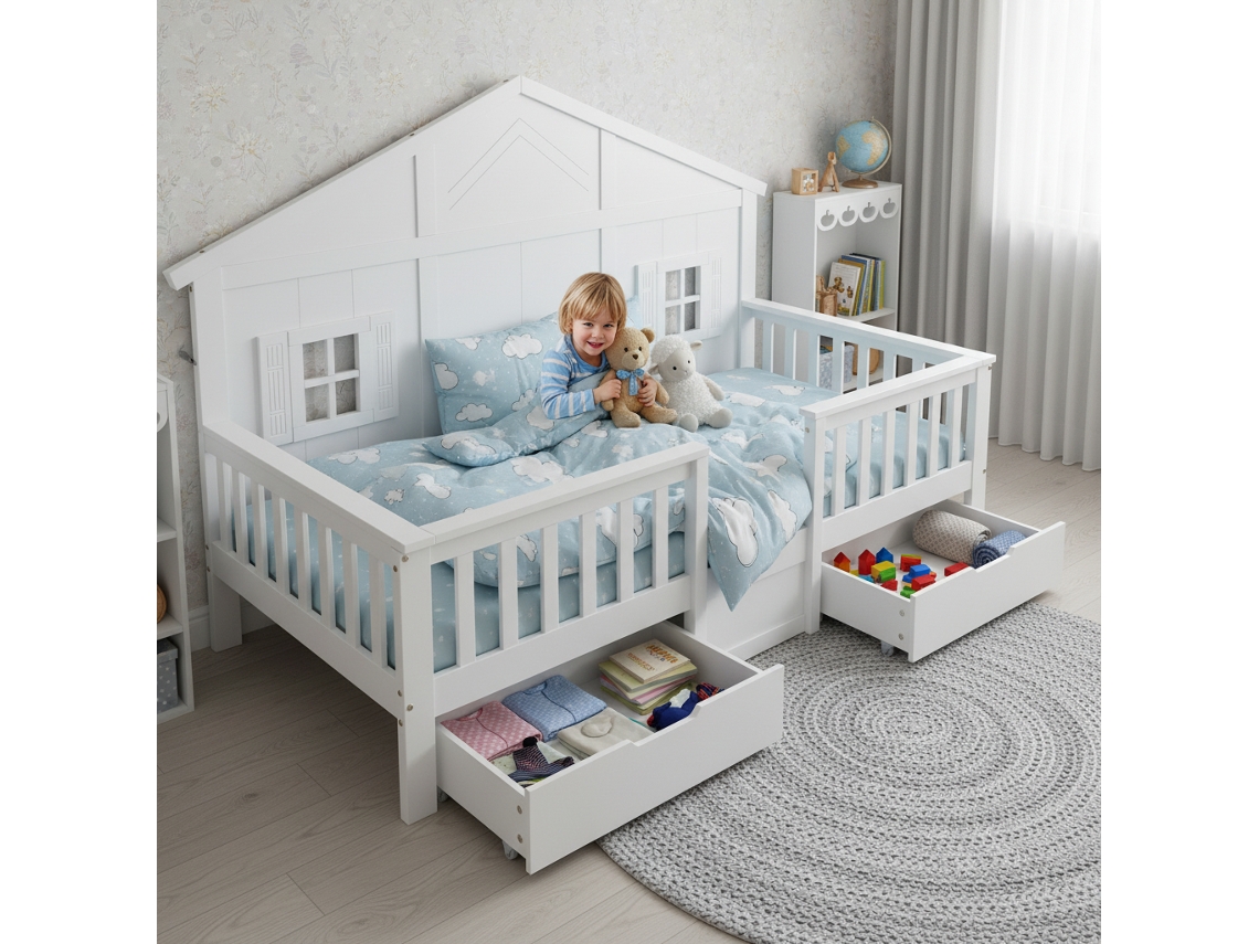 Cama De Madera De 90x200 Cm, 2 Cajones, Ruedas, Ventanas, Techo De Listones Blancos.