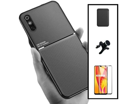 Kit Funda Magnetic Lux, Magnetic Wallet Negro, 5D Full Cover y Soporte Magnético de Coche Reforzado Xiaomi Redmi 9A Sport PHONECARE Negro