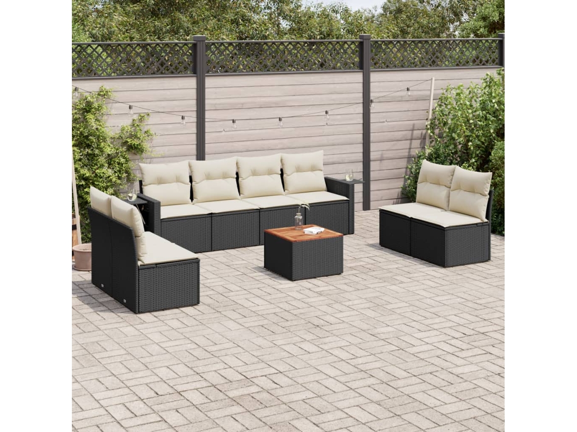 Conjunto de sofá de jardín de 9 piezas con cojines, ratán negro, Dkd Home Decor