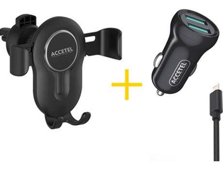 Kit Cargador Auto para iPhone 12 Pro Max ACCETEL SP118 (2.4A - Lightning - Negro)