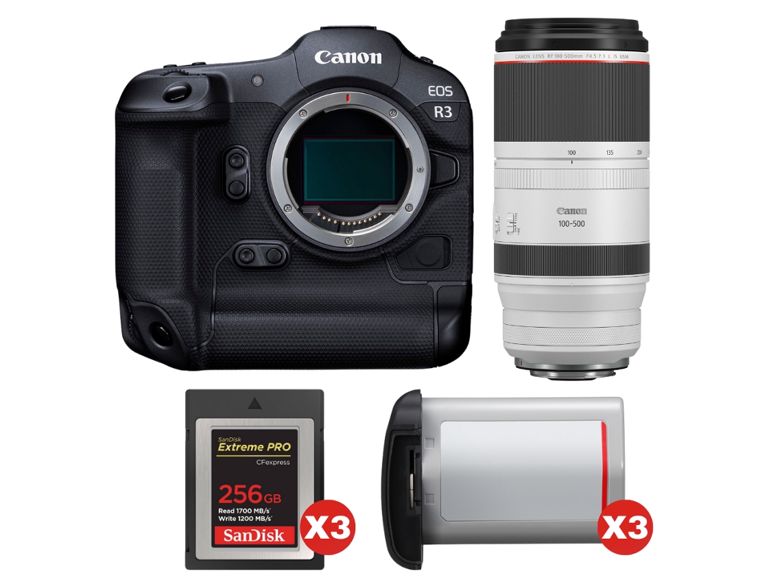 Canon Eos R3 + Rf 100-500mm F/4.5-7.1 L Is Usm + 3 Sandisk 256gb Extreme Pro Cfexpress Type B + 3 Canon Lp-e19 + Ebook Pricedirect