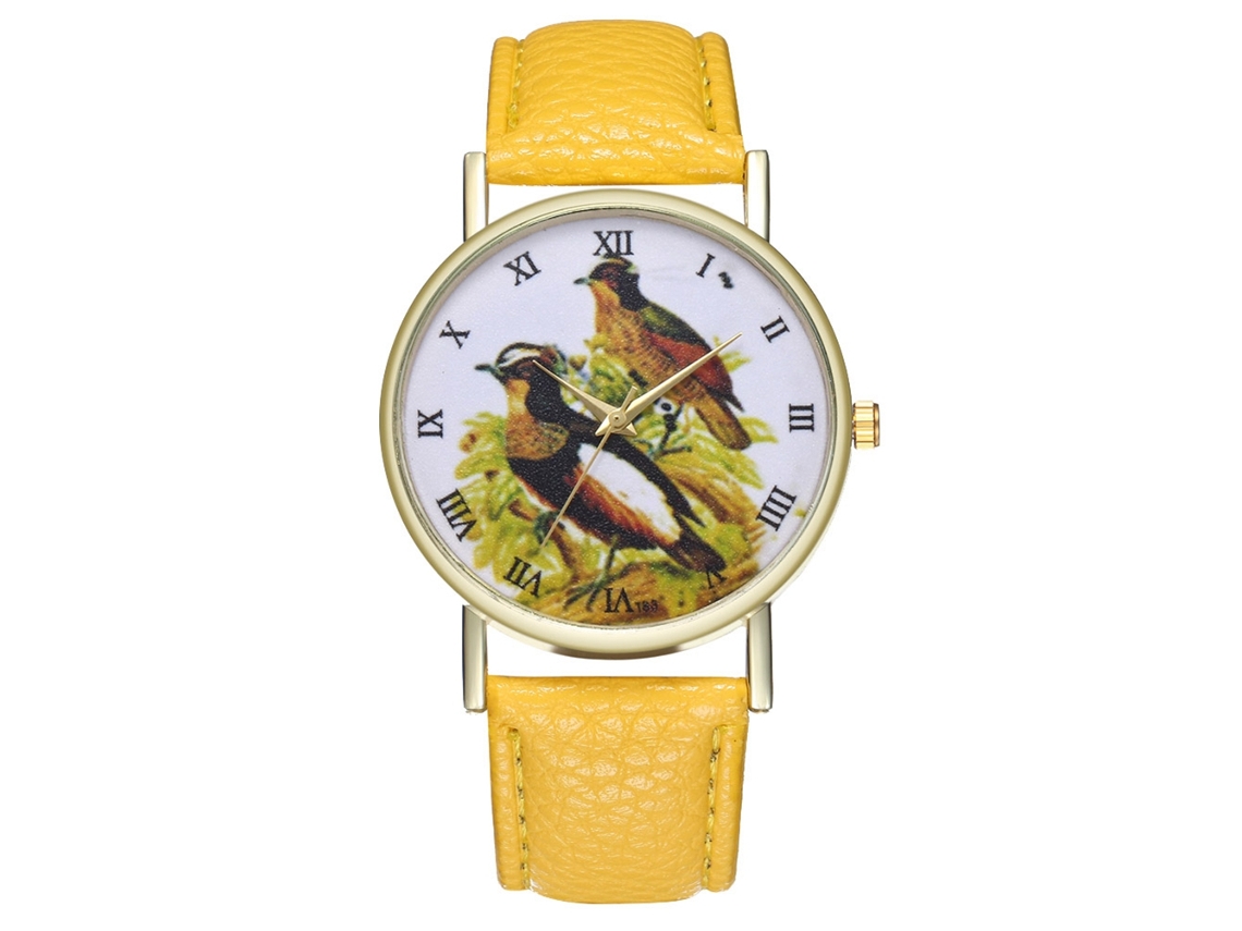 Reloj De Cuarzo Unisex Con Correa De Cuero Pu Y Dial De Pájaro Moda Amarillo Zhoulianfa