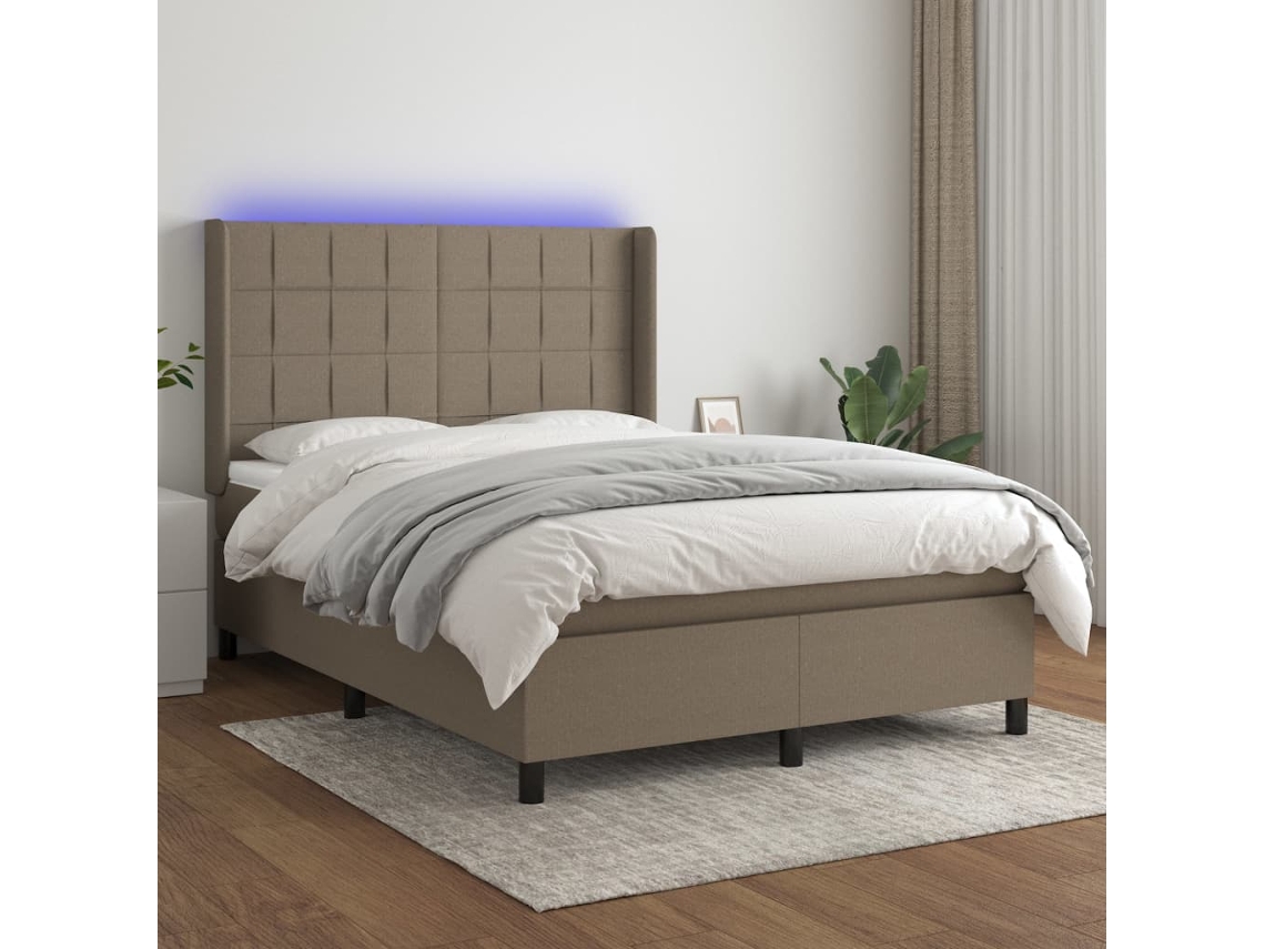 Cama Box Spring Colchón Y Luces Led Tela Gris Taupe 140x190 Cm