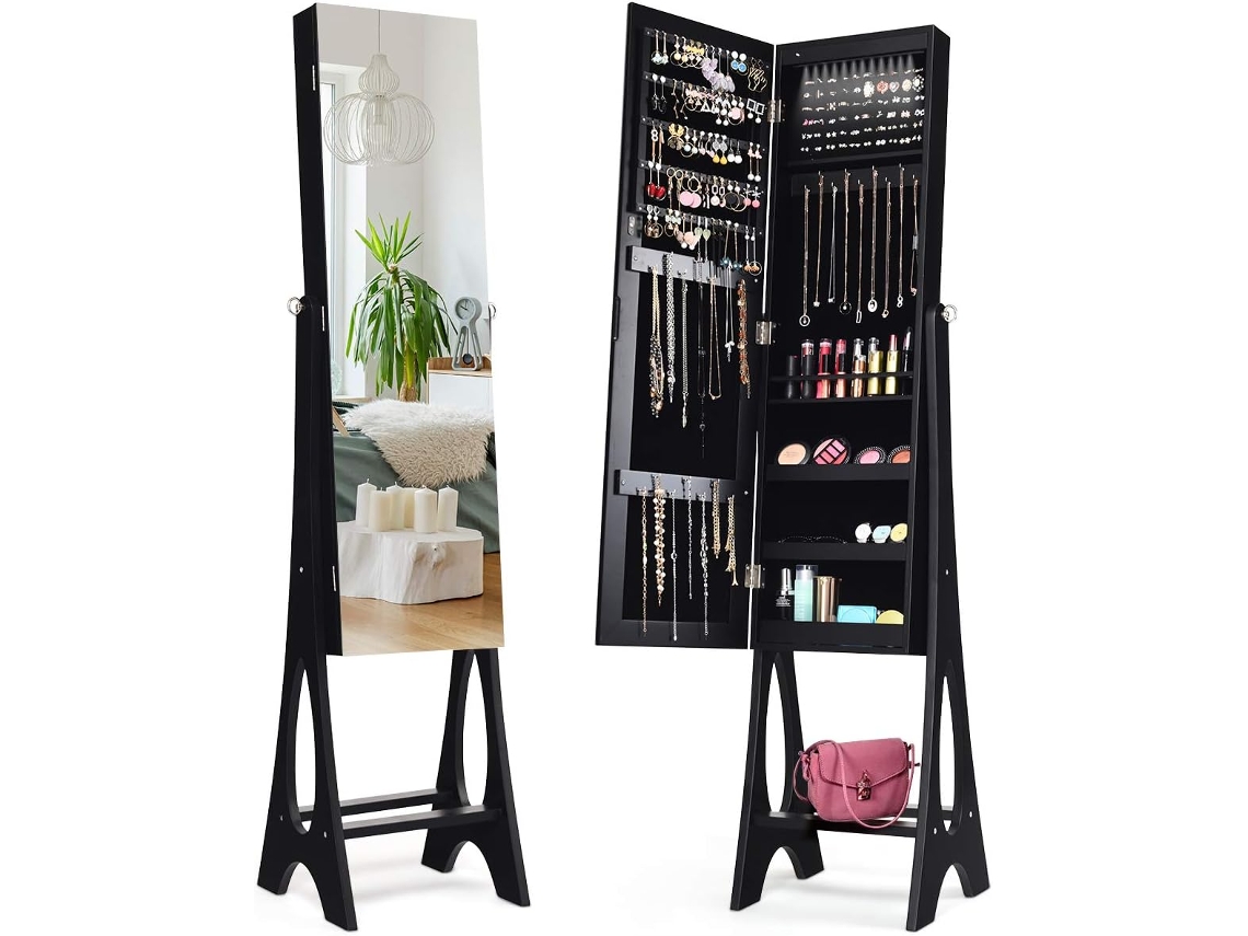 Armario para Joyas Organizador Joyero con 12 Luces LED con Espejo Claro de Cuerpo Entero Estructura Resistente(negro) COSTWAY
