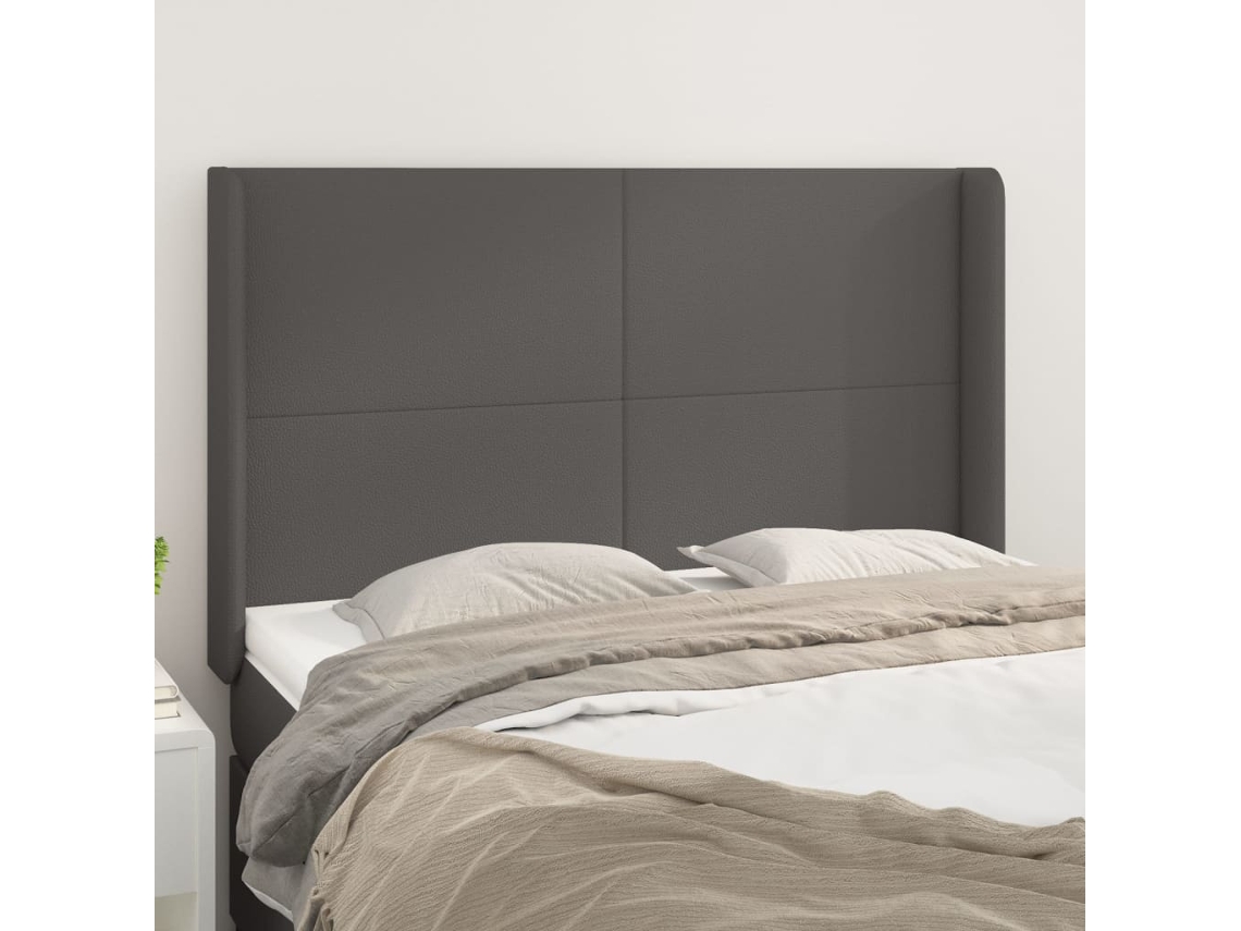 Cabecero Con Orejas Cuero Sintético Gris 147x16x118/128cm