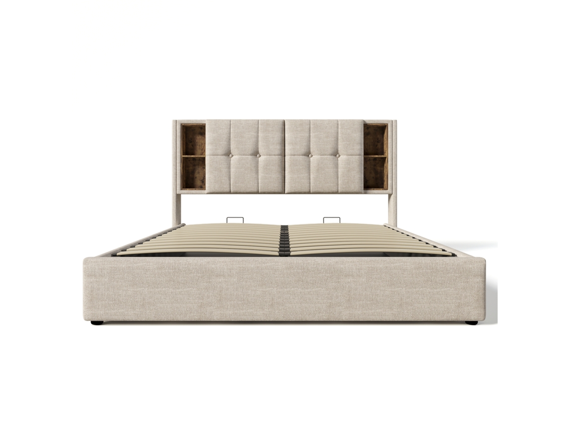 Sofá cama con cabecero y almacenaje, tapizado, sin muebles, color beige (140 x 200 cm)