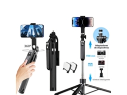 (Negro, con 1 luz) Palo Selfie de 170cm, Rotación 360°, con Trípode Inalámbrico Bluetooth.