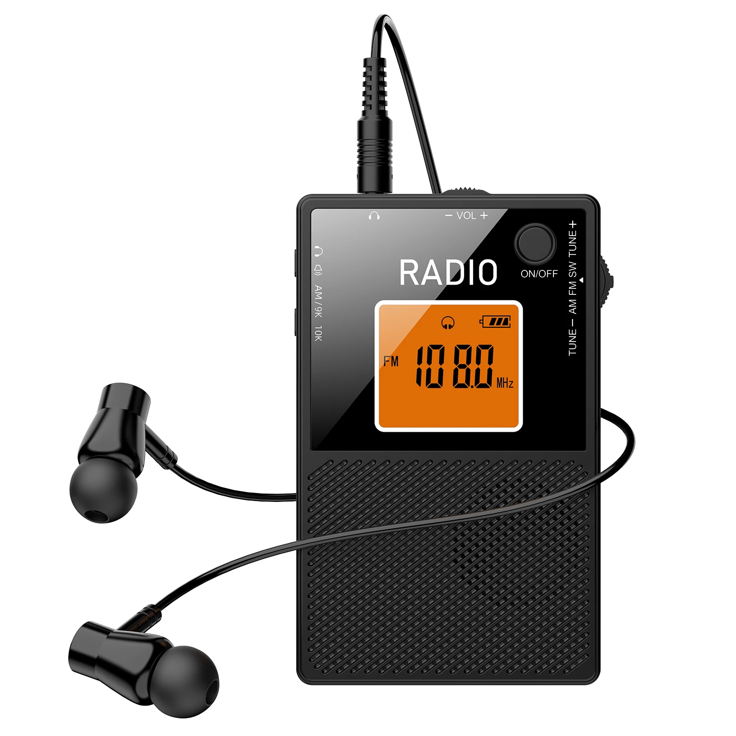Mini radio estéreo MDUG AM/FM/SW con altavoz externo, pantalla retroiluminada y auriculares recargables.
