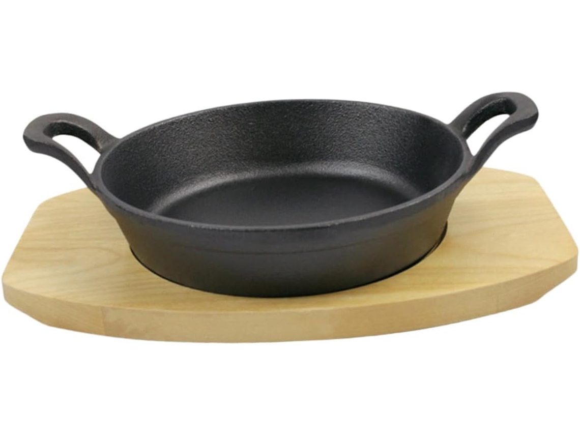 Mini sartén de hierro fundido para huevos, 16 cm, con doble asa y base de madera. Mini sartén multifuncional y antiadherente de Gokoco.