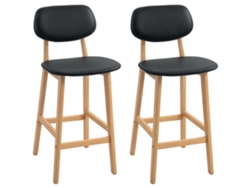 Juego de 2 taburetes altos, tapizados en material sintético con respaldo y patas de madera, color negro.