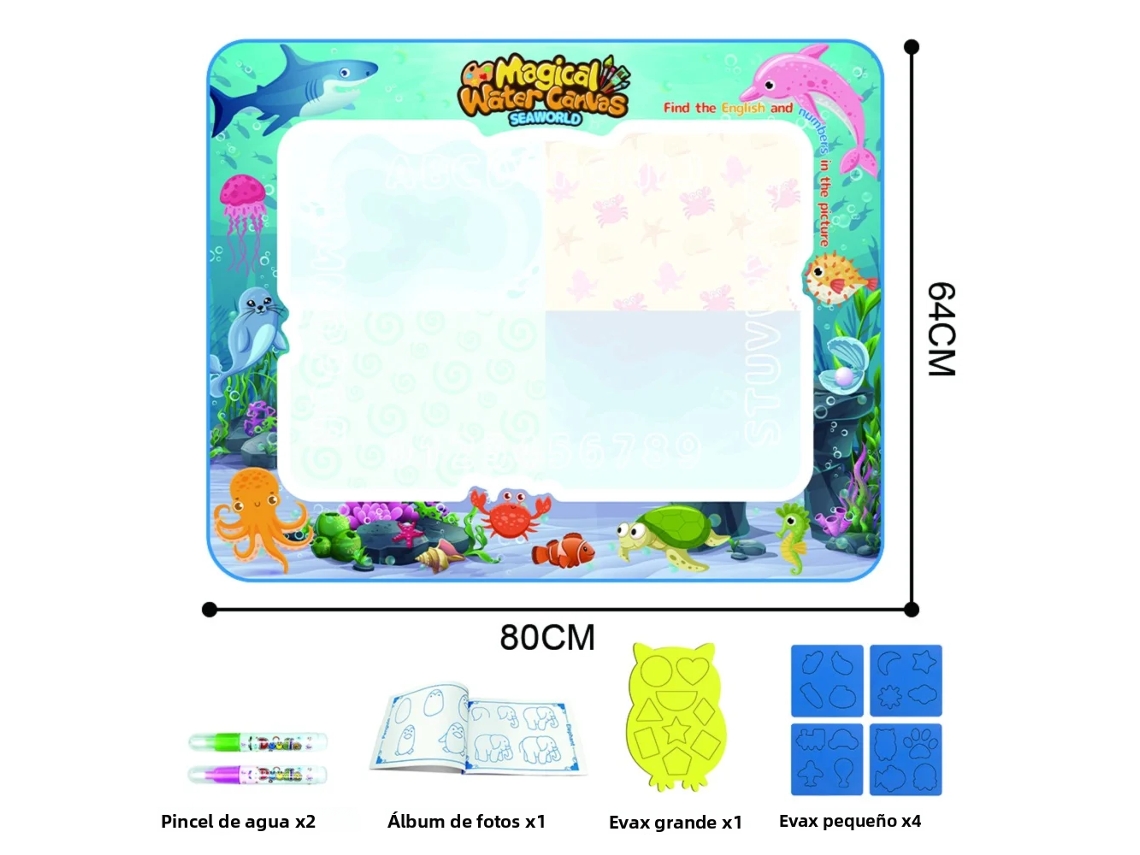 Tapete Mágico Extragrande Para Pintar Con Acuarela (64 X 80 Cm) Con Diseño De Vida Marina, Juego De Juguetes Para Grafitis.