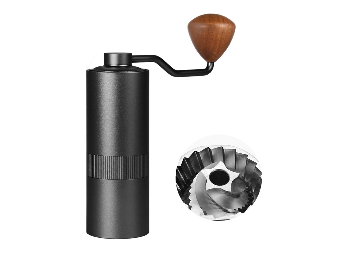Un lujoso molinillo de café manual negro con configuraciones ajustables, adecuado para prensa francesa, café de goteo, etc. Sfushos