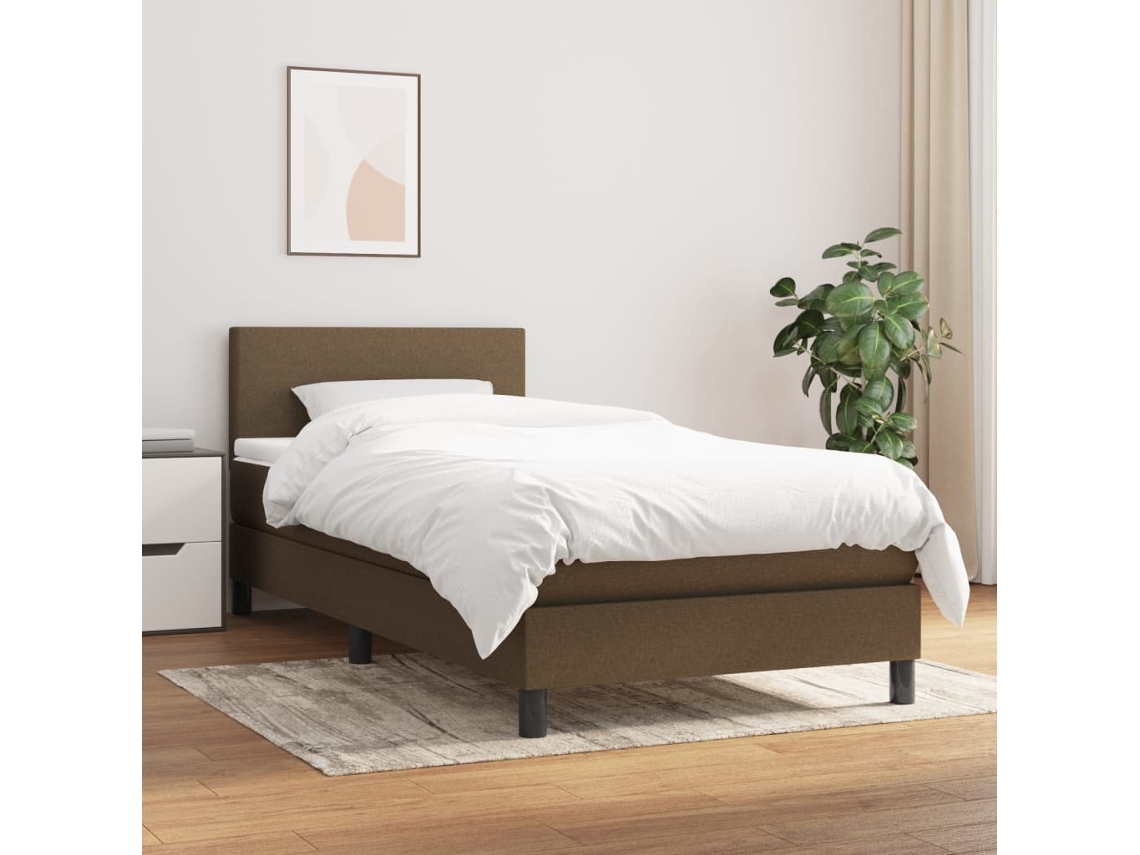 Cama Box Spring Con Colchón Tela Marrón Oscuro 90x200 Cm