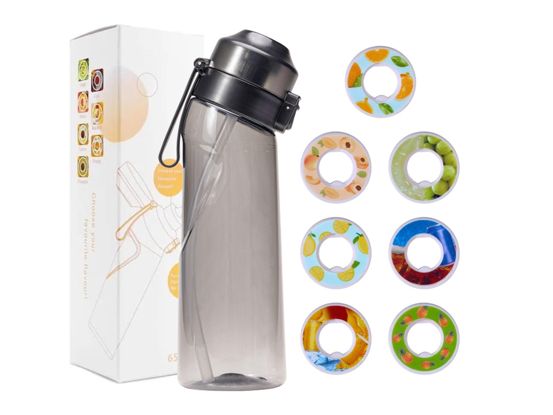 Botella de agua saborizada de 650 ml con 7 cápsulas de sabor, para fitness y deportes al aire libre (Negro transparente) Spqment