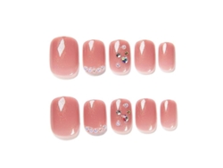 Uñas Postizas Caseras Con Perlas Y Diamantes Brillantes, Estilo Japonés, Color Rosa Nude.