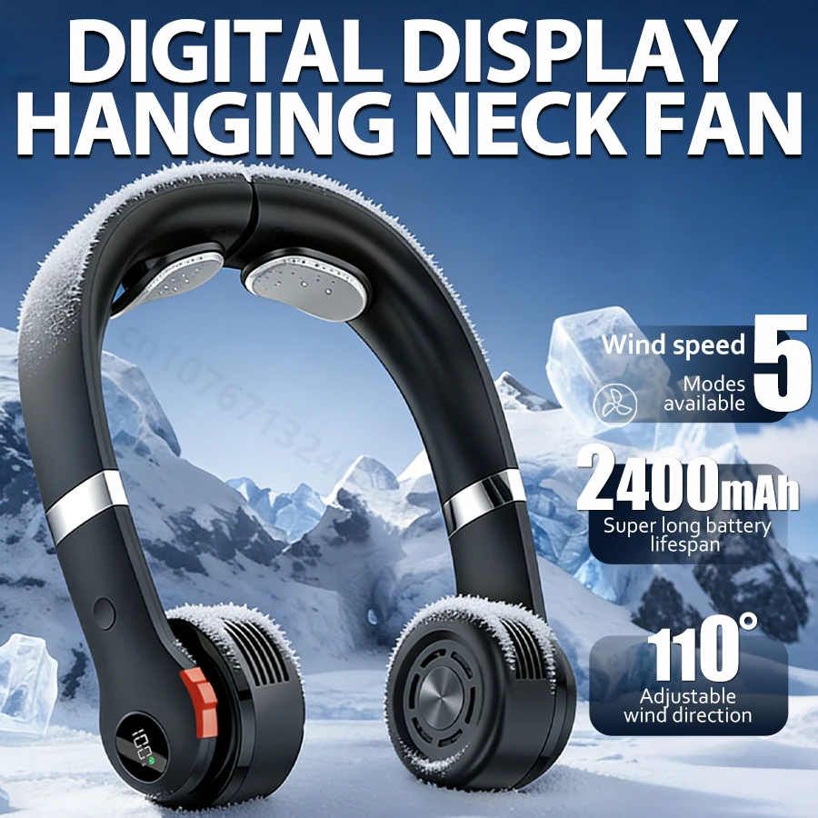 Ventilador De Cuello Manos Libres (negro) Con 5 Velocidades, Pantalla Led Y Batería Recargable De 2400 Mah.