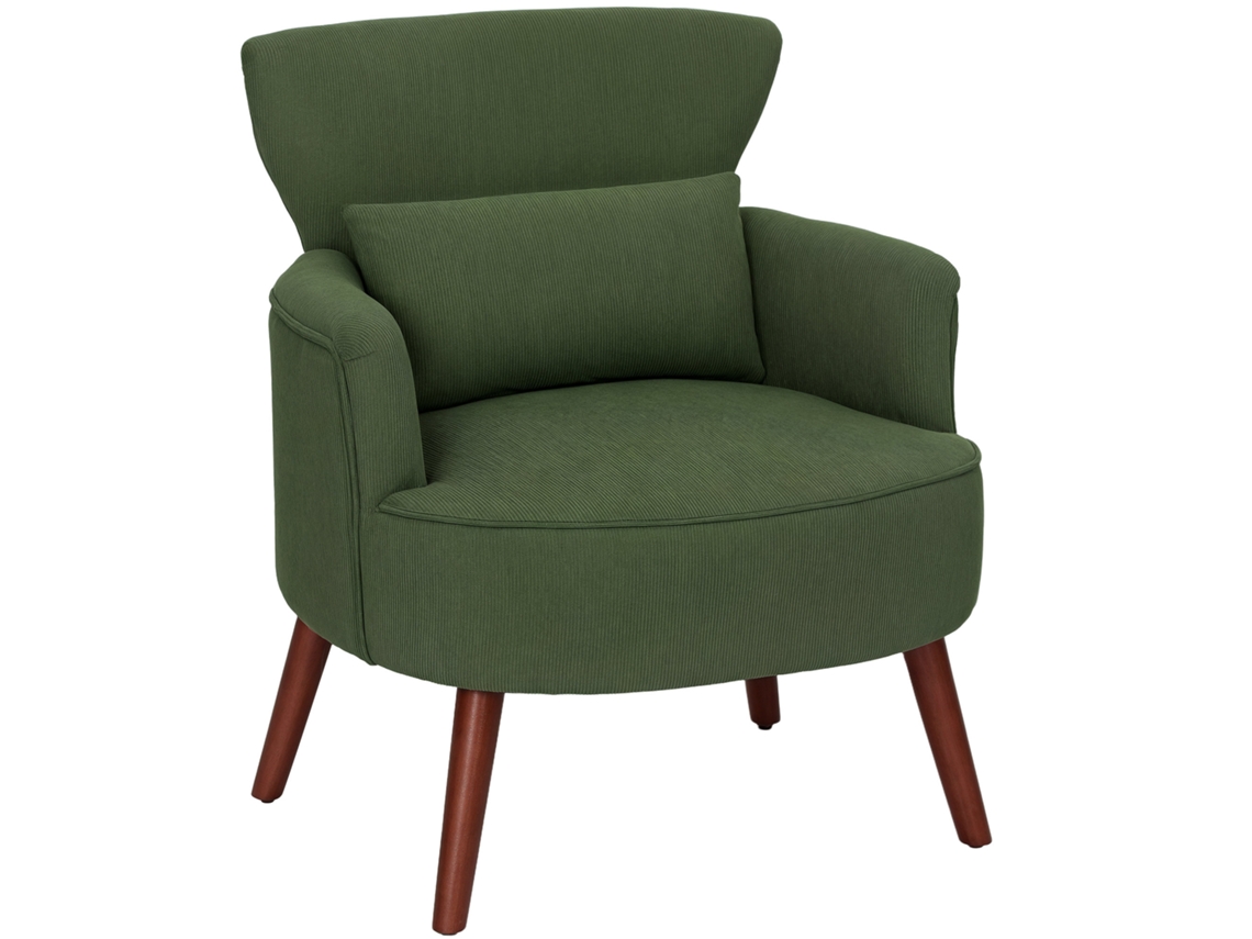 Sillón moderno tapizado con cojín lumbar verde.