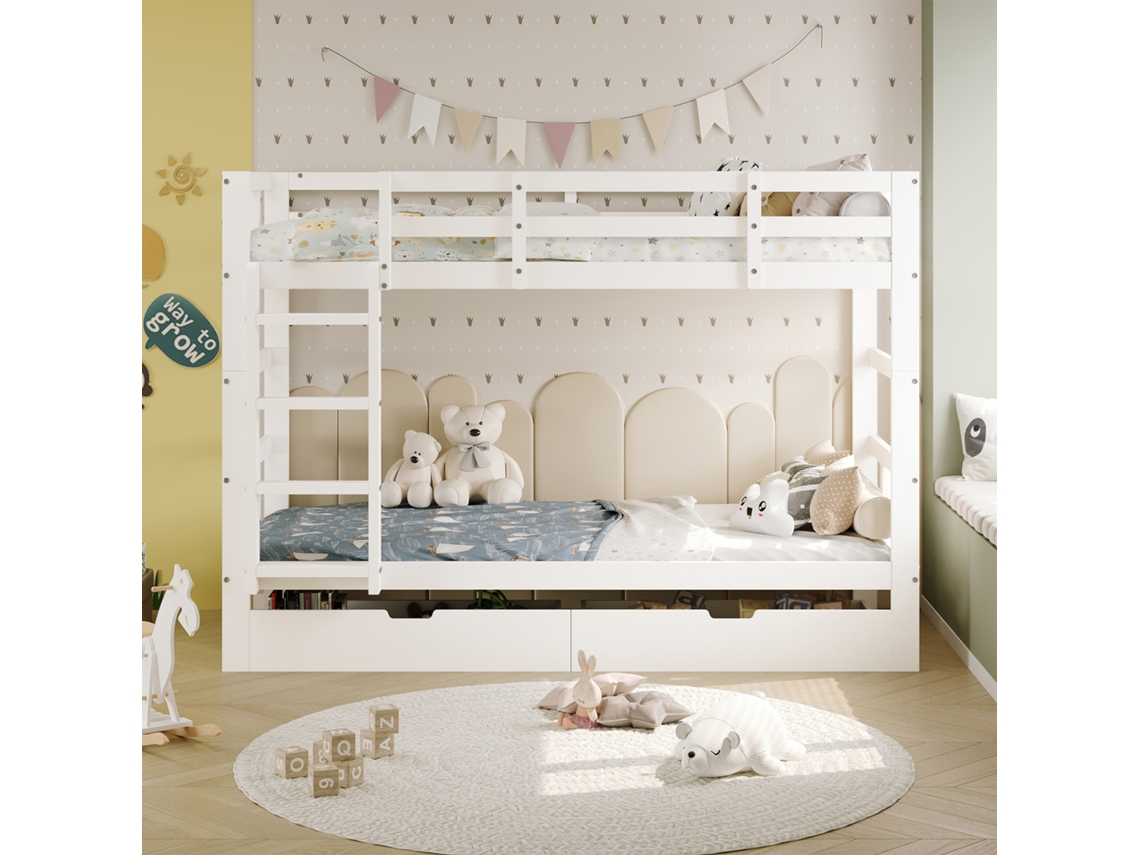 Litera infantil blanca de 90 x 200 cm con 2 cajones y escalera, madera maciza, convertible en 2 camas individuales, colchón no incluido Rosahqnda