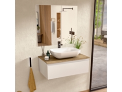 Mueble de baño suspendido con lavabo y espejo de cerámica, mueble con 1 cajón, 60 x 27 x 45 cm, mueble blanco y encimera Bellobath de roble.