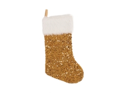 Calcetín navideño decorativo dorado con detalle rellenable para árbol y chimenea.