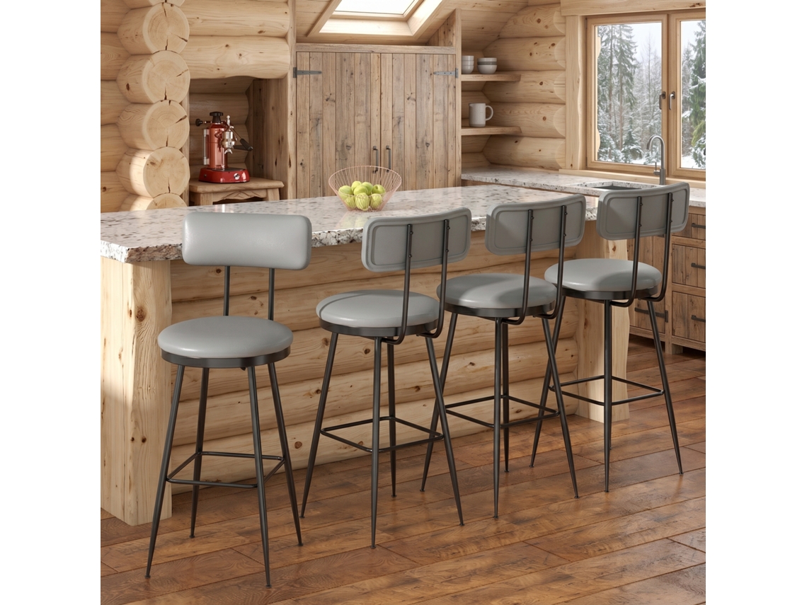 Taburetes De Bar De Cuero Pu Con Respaldo Inclinado, Conjunto De 4 Sillas De Cocina Con Asiento Redondo Y Apoyo, Gris 85,5x38x39,7 Cm