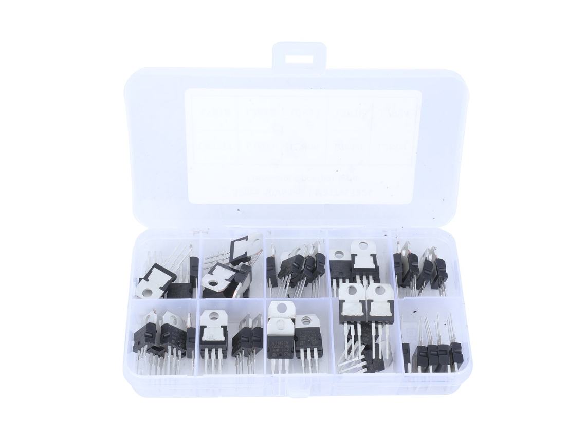 Kit De 50 Transistores Reguladores De Voltaje Con 10 Valores Y Carcasa Transparente Lm317t L7805-l7824
