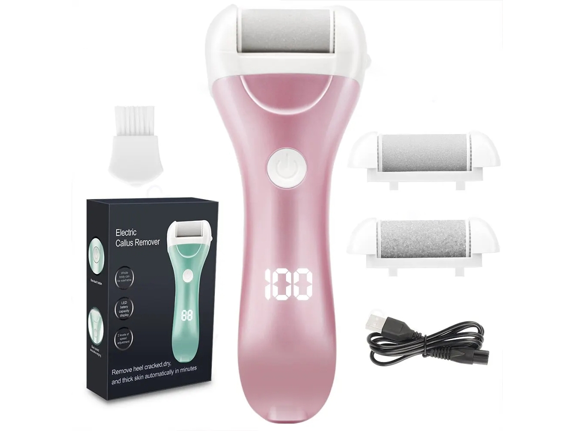 Lixa Elétrica para os Pés, Recarregável Via Usb, com Visor e 3 Cabeças de Substituição. MDUG (rosa)