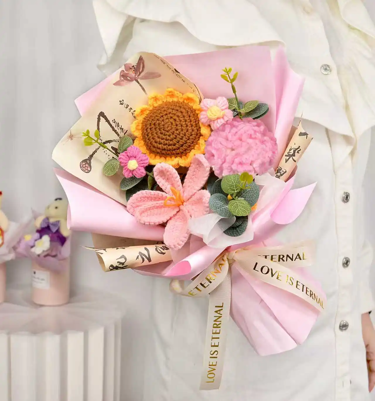 (rosa) Ramo De Flores Tejido A Mano, Ramo De Claveles Y Tulipanes Tejidos A Crochet, El Regalo Perfecto.