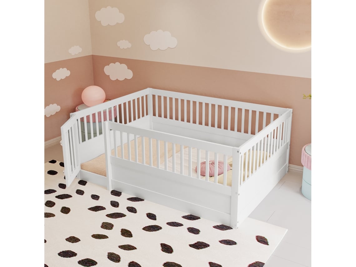 Cama Infantil De Madera De 140x200 Cm Con Barandilla De Seguridad, Color Blanco, Estilo Cabaña.