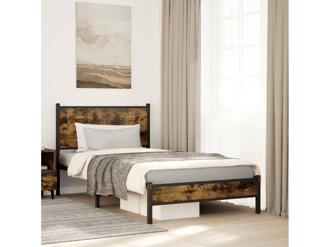 Estructura De Cama Sin Colchón Metal Roble Ahumado 107x203 Cm